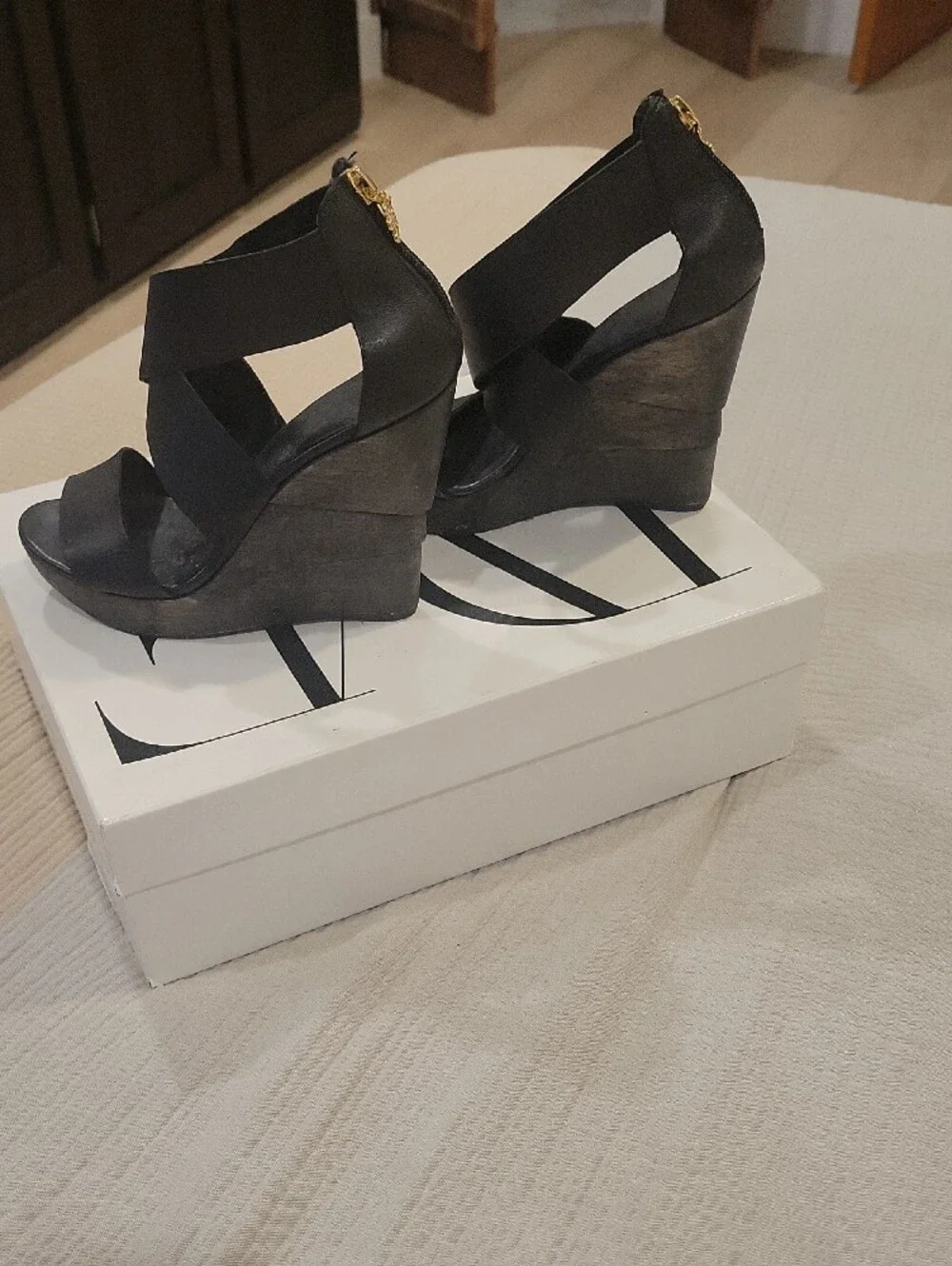 Diane Von Furstenberg Black Strappy Wedge Sandals